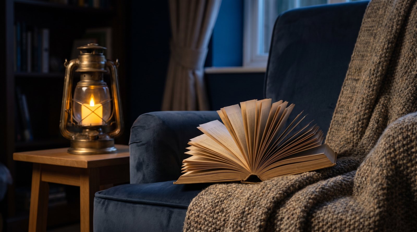 A single open hardback book resting on a soft armchair with a knitted throw, lit by the warm glow of a brass lantern in a cosy evening reading nook, deep navy tones.