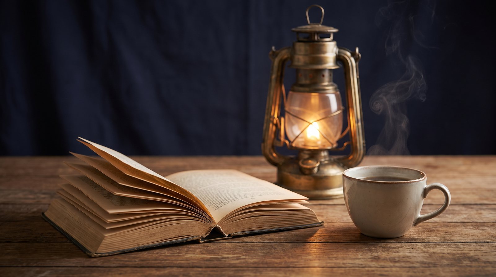 An open novel lying face-down to keep the page beside a glowing brass lantern and a cooling cup of tea on a wooden table, warm amber light against a deep navy background.
