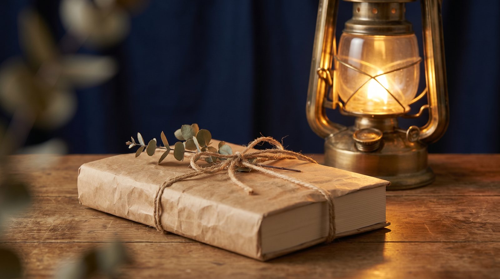 A paperback book wrapped in brown paper and twine beside a glowing brass lantern, warm amber light on a navy background.