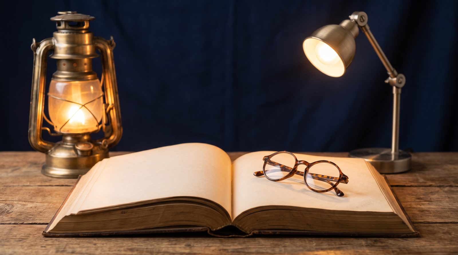 An open large-print book beside a warm brass reading lamp on a wooden table, soft amber light against a deep navy background.