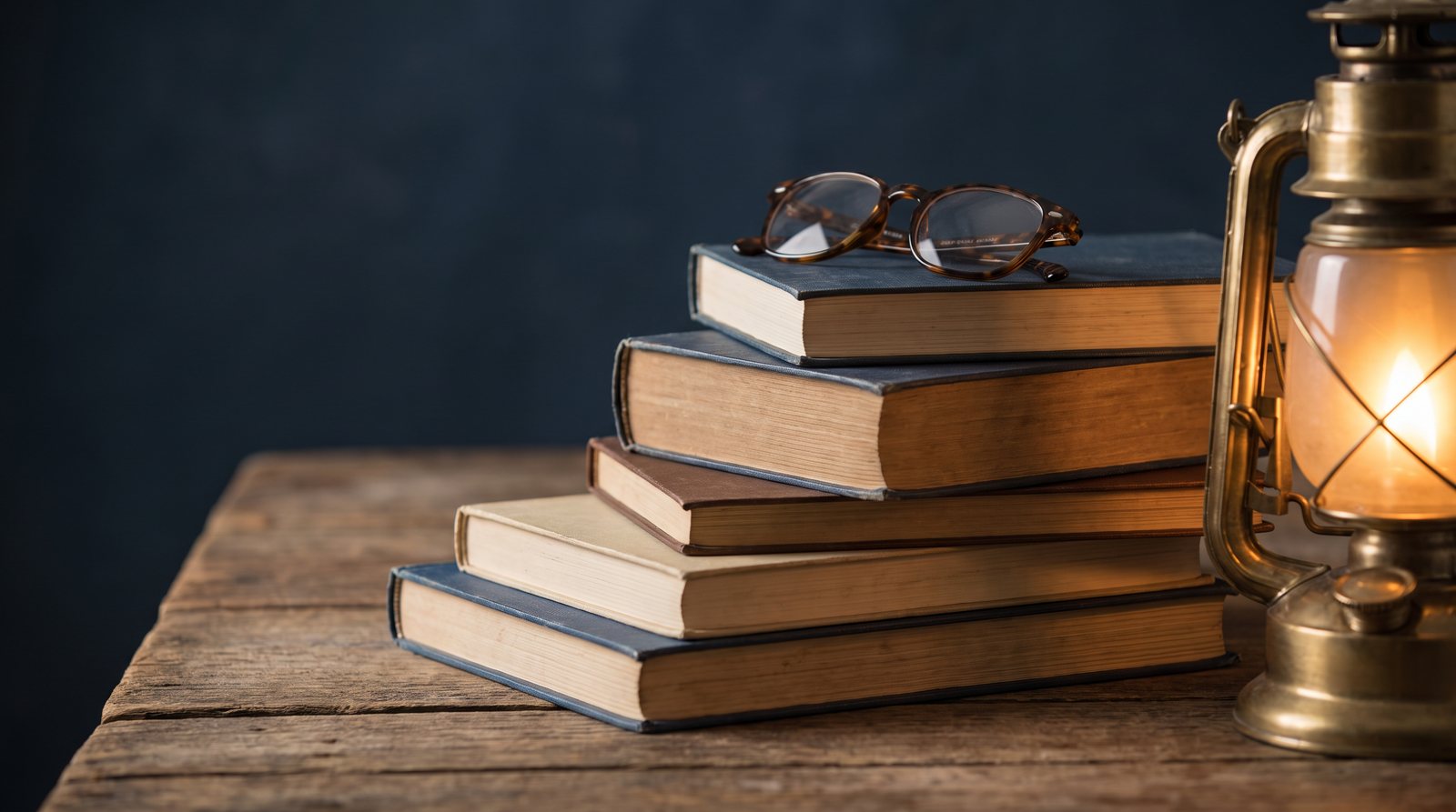 A small stack of well-loved books and a pair of reading glasses on a wooden table beside a glowing brass lantern, warm amber light against a deep navy background.