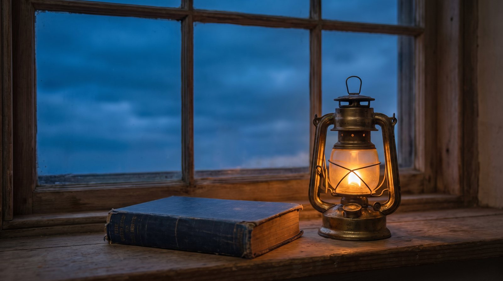 A single well-worn cloth-bound book resting on a windowsill beside a small brass lantern at dusk, warm amber light against a deep navy evening sky.