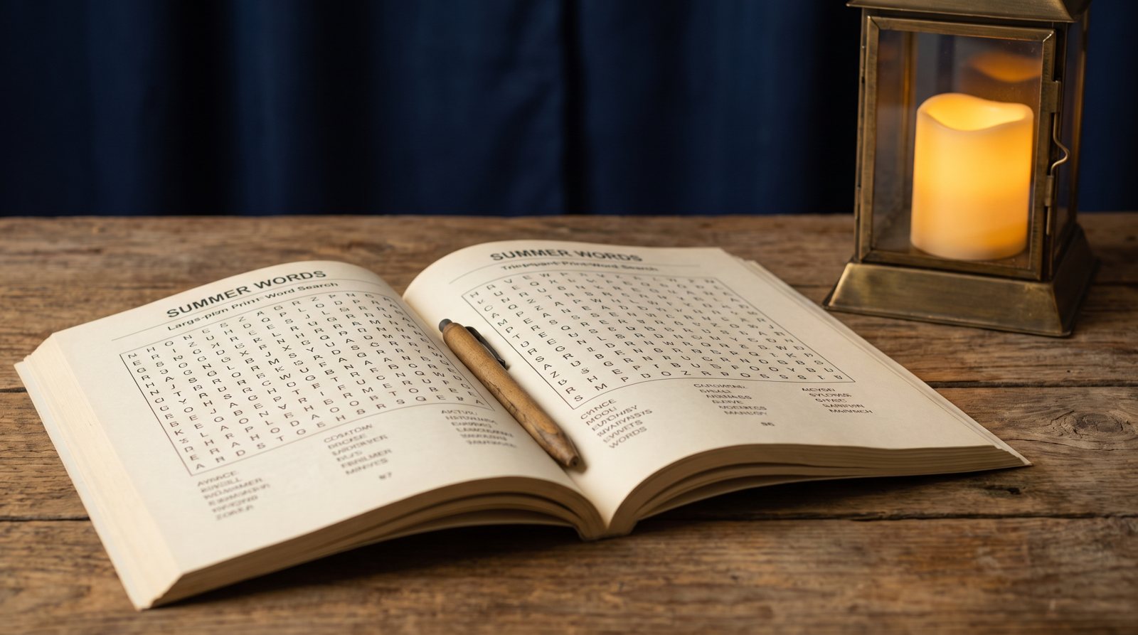 An open large-print word search puzzle book with a pen resting on the page, beside a glowing brass lantern on a wooden table, warm amber light against a deep navy background.
