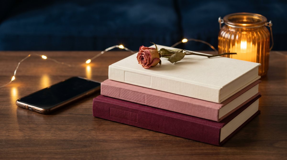A small stack of romance novels with a dried rose and warm fairy lights, beside a phone, on a deep navy background.